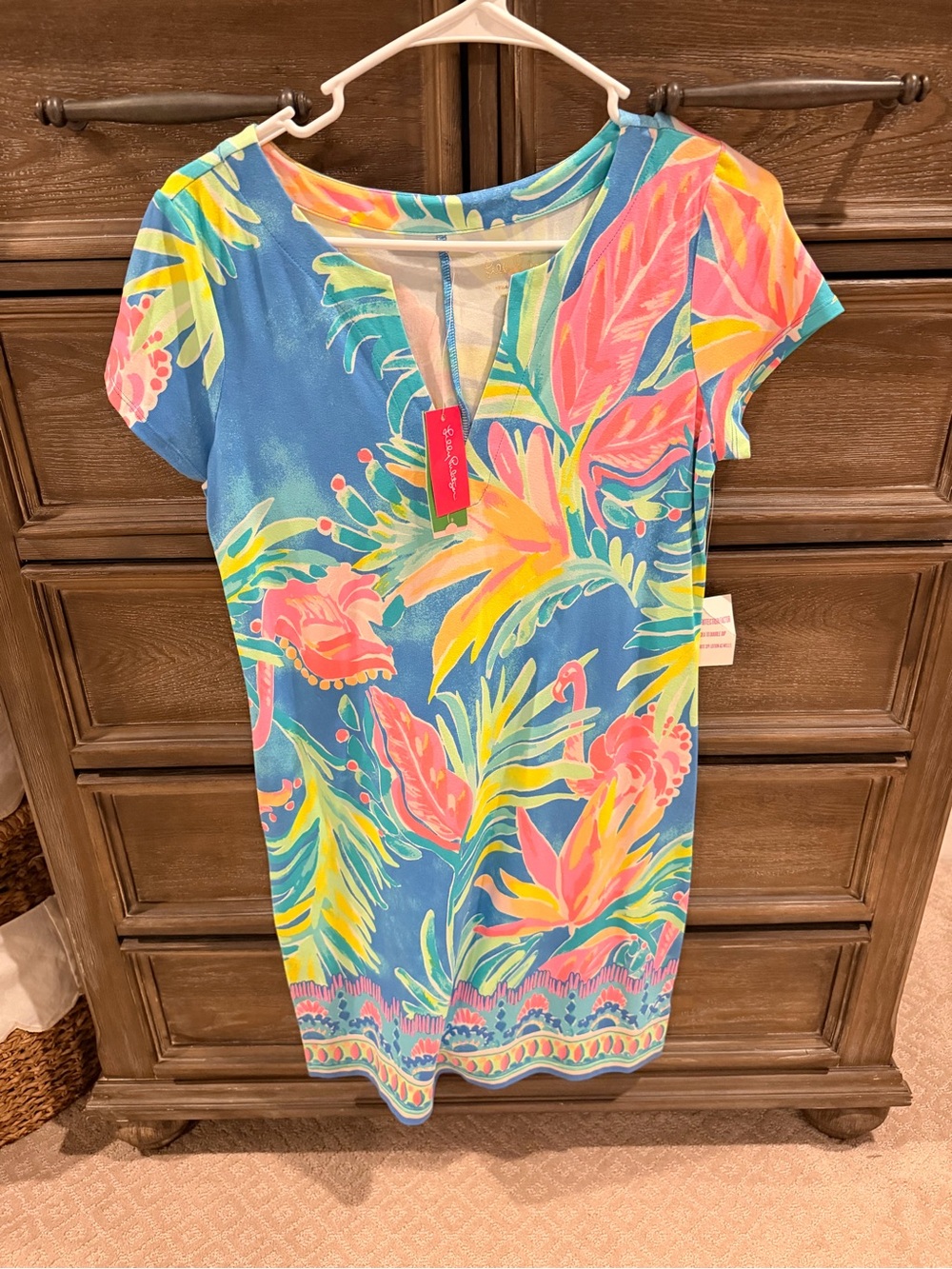 Lilly Pulitzer Blue Tropical Floral Shift Dress with Pink and Yellow Accents